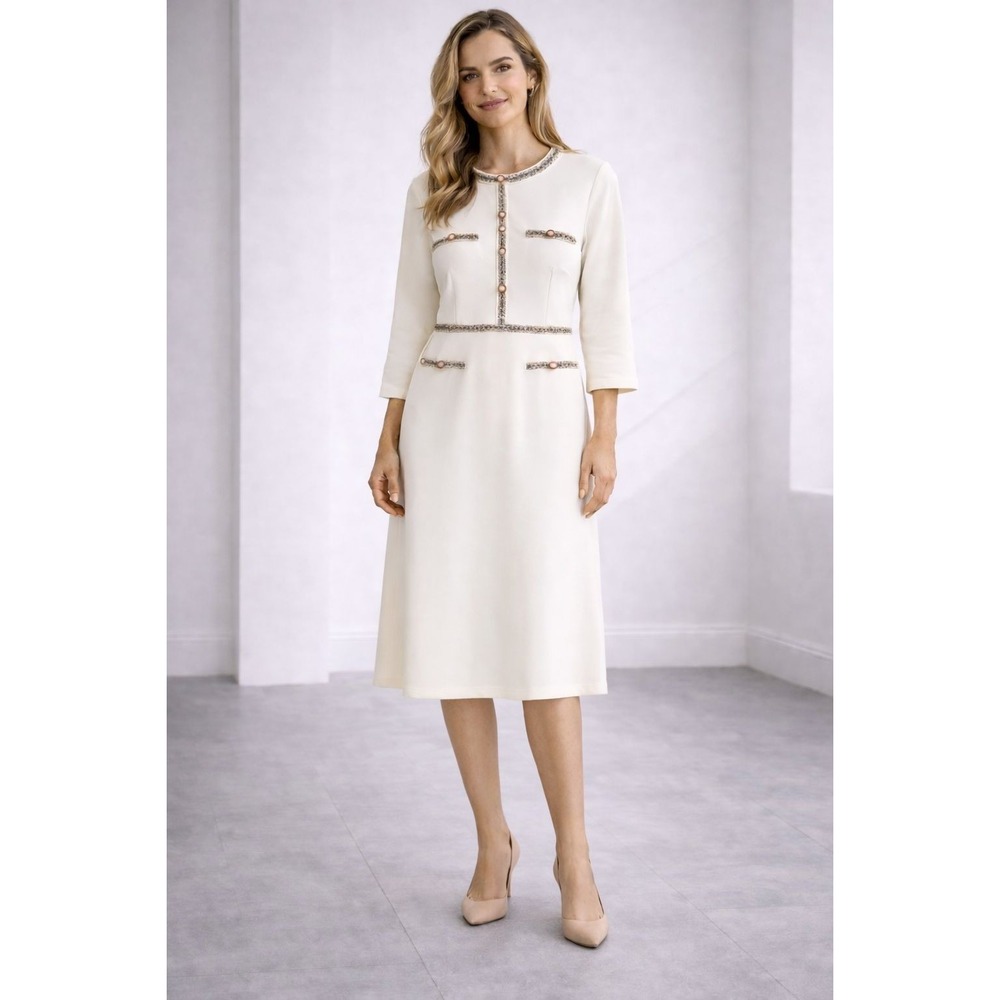 HOBEMTY New Ivory Dress LARGE Tweed Trim Pearl 3/4 Sleeve Round Neck Elegant